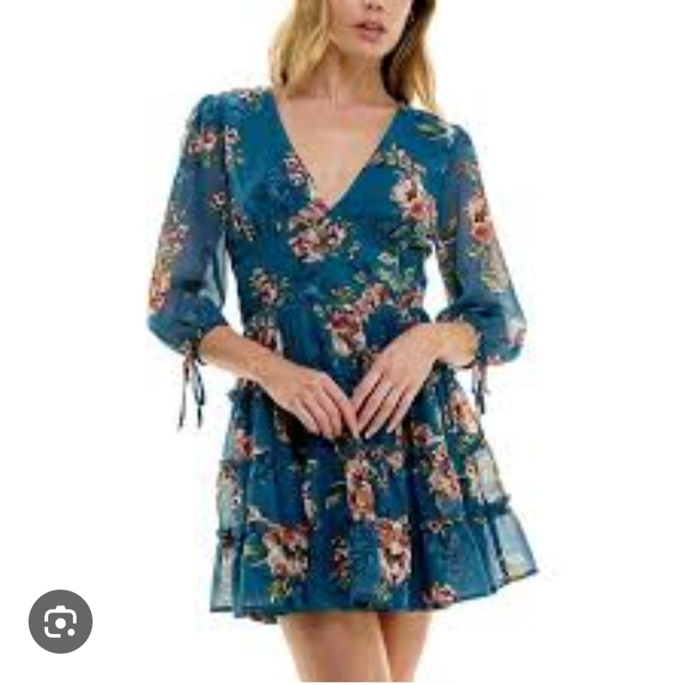 Speechless Red and Pink Tiered Wrap Dress V-Neck 3/4 Sleeve